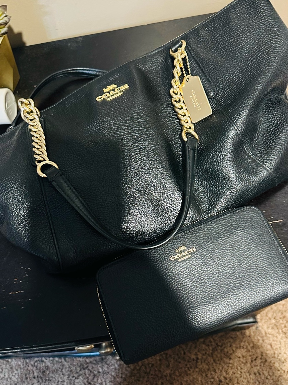 Coach Black Pebbled Leather Tote with Gold Chain Accents and Matching Wallet